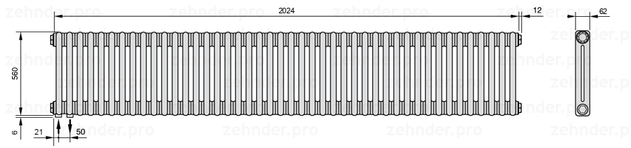 Схема (чертеж) Радиатор Zehnder Charleston 2056/44 №3370 Белый глянцевый RAL 9016